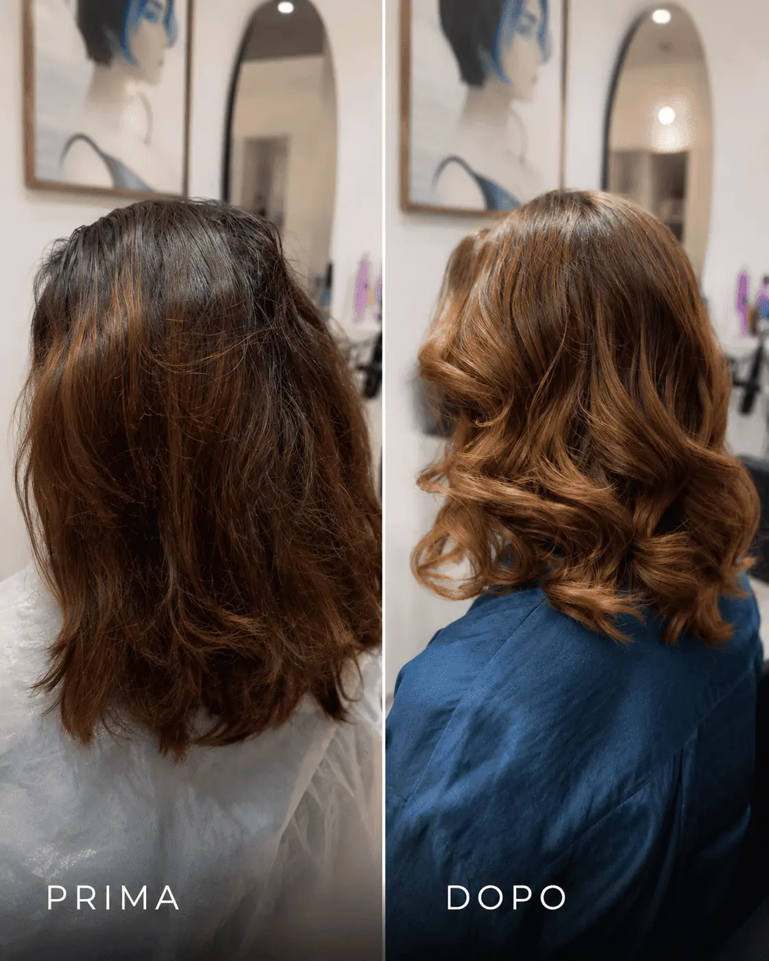 Prima e dopo di un restyle castano luminoso realizzato da Lucky Salon